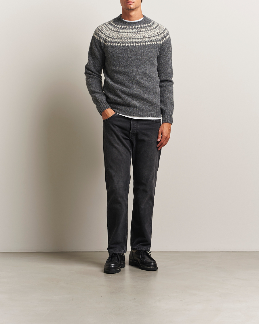 Herre | Trøjer | Harley Of Scotland | Brushed Supersoft Lambswool Yolk Fairisle Grey