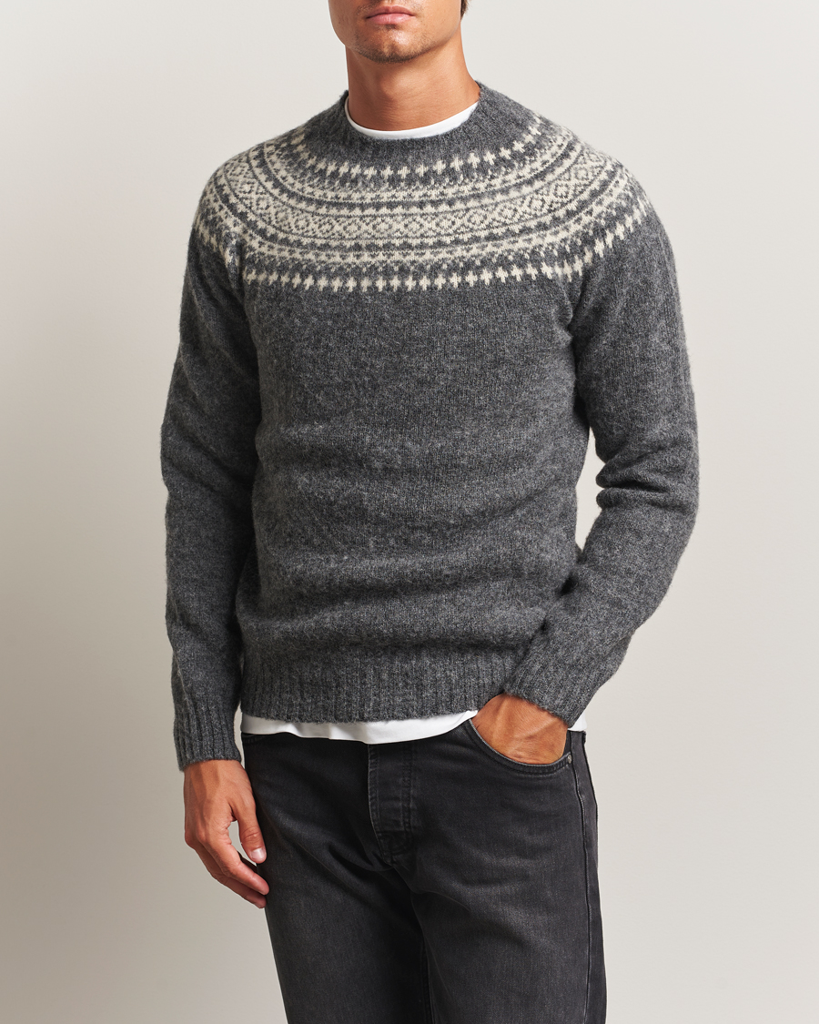 Herre | Trøjer | Harley Of Scotland | Brushed Supersoft Lambswool Yolk Fairisle Grey