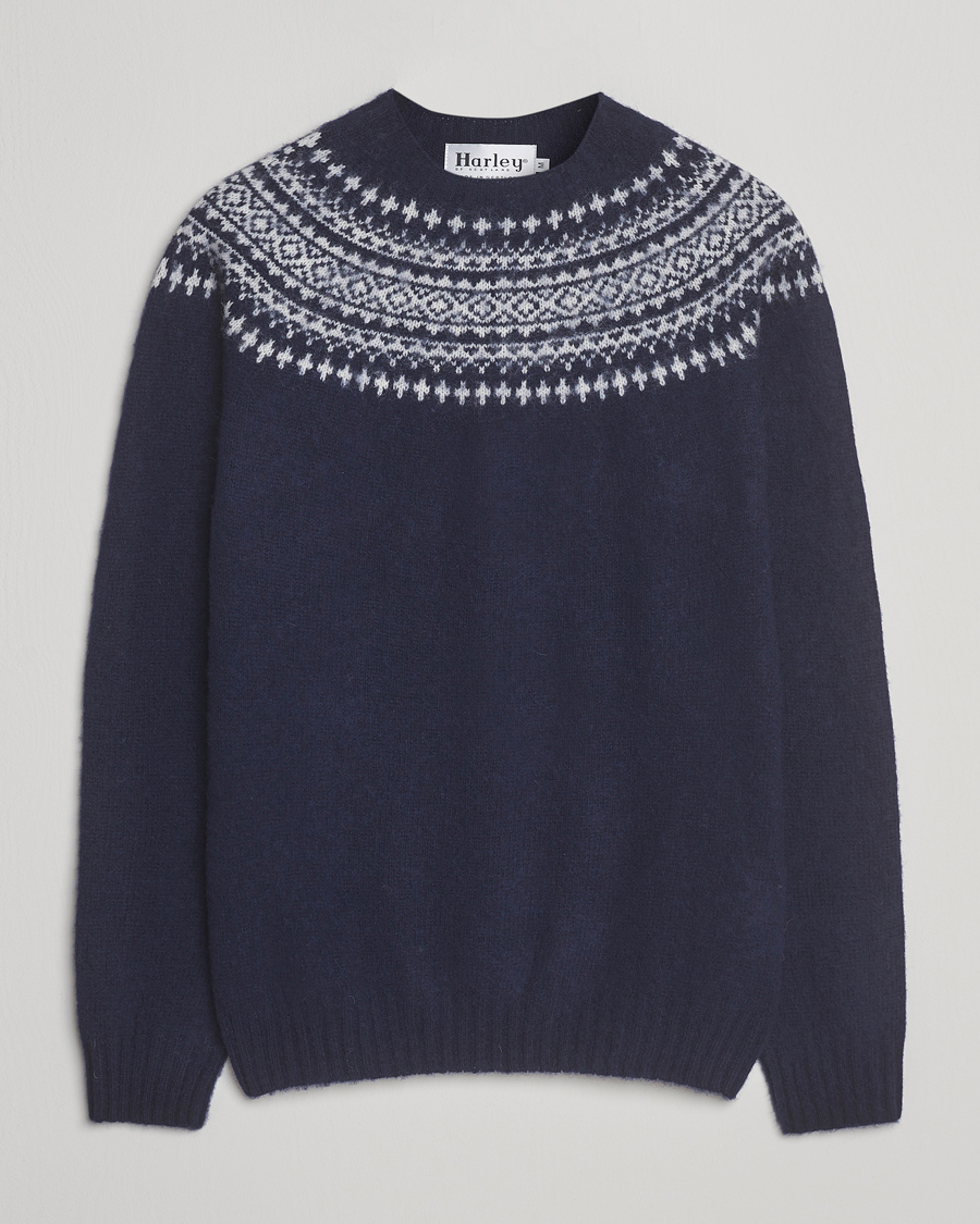 Herre | Trøjer | Harley Of Scotland | Brushed Supersoft Lambswool Yolk Fairisle Navy