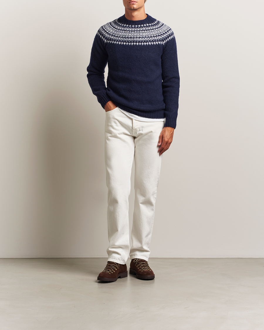 Herre | Trøjer | Harley Of Scotland | Brushed Supersoft Lambswool Yolk Fairisle Navy