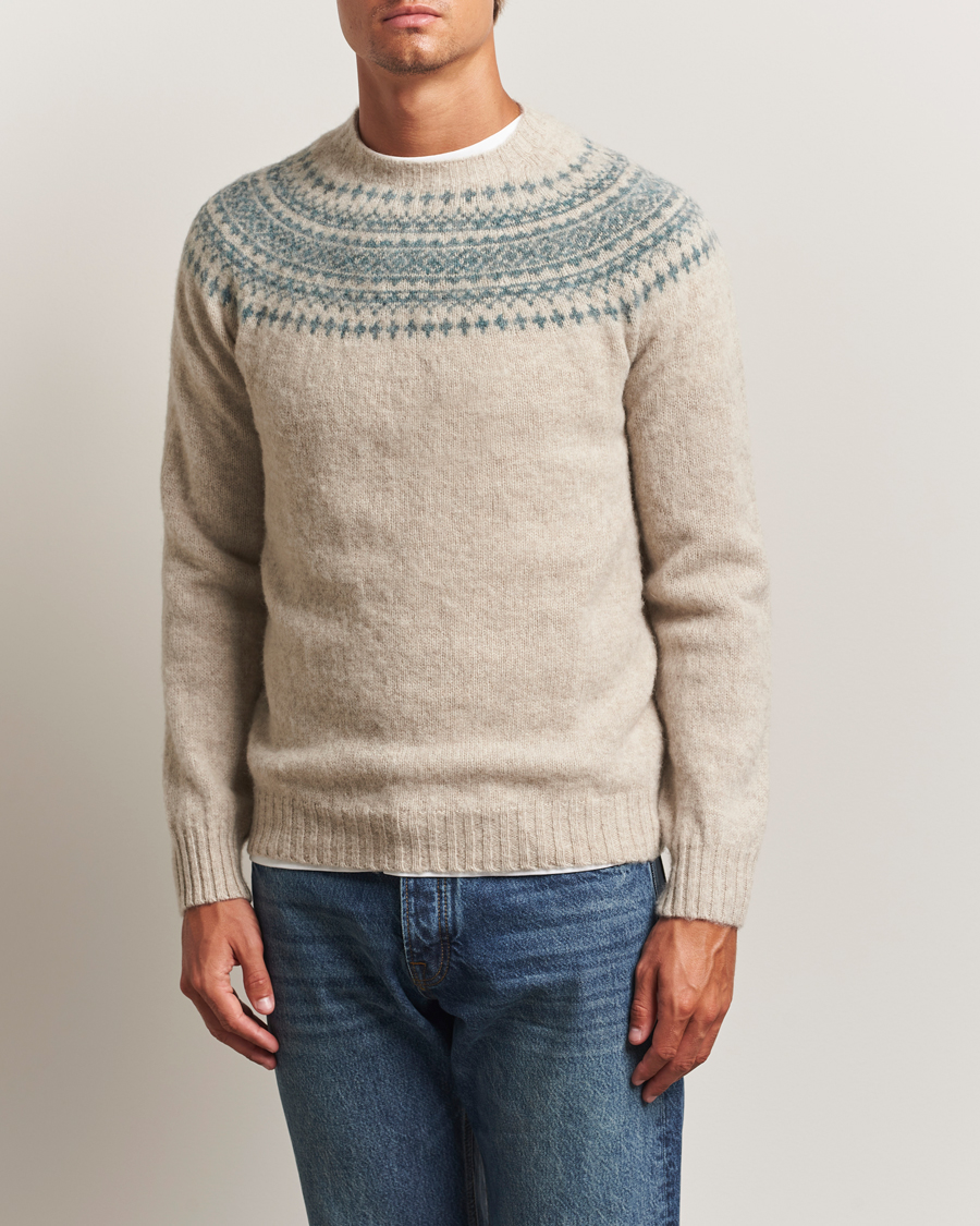 Herre | Trøjer | Harley Of Scotland | Brushed Supersoft Lambswool Yolk Fairisle Beige