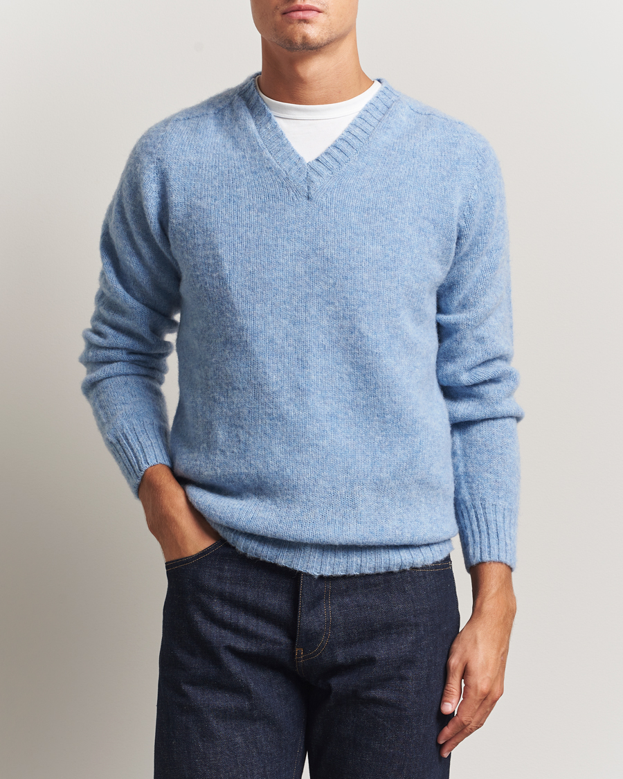 Herre | Trøjer | Harley Of Scotland | Brushed Supersoft Lambswool V-Neck Light Blue