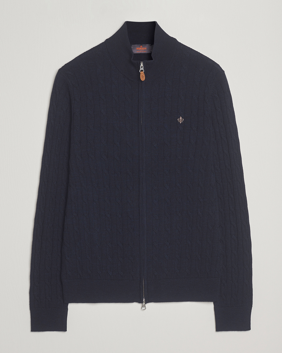 Herre | Trøjer | Morris | Merino Cable Zip Cardigan Navy