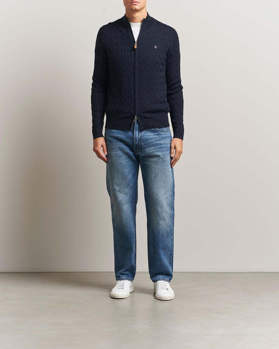 Herre | Trøjer | Morris | Merino Cable Zip Cardigan Navy
