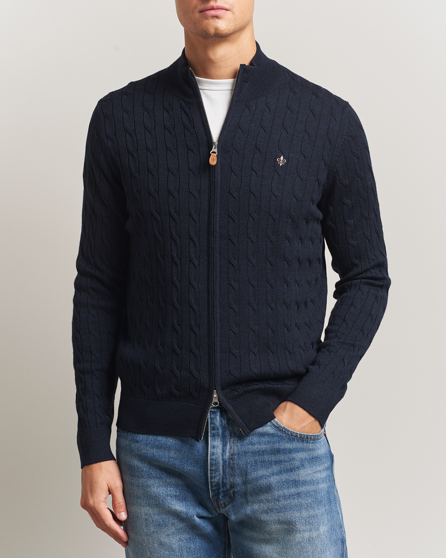 Herre | Trøjer | Morris | Merino Cable Zip Cardigan Navy