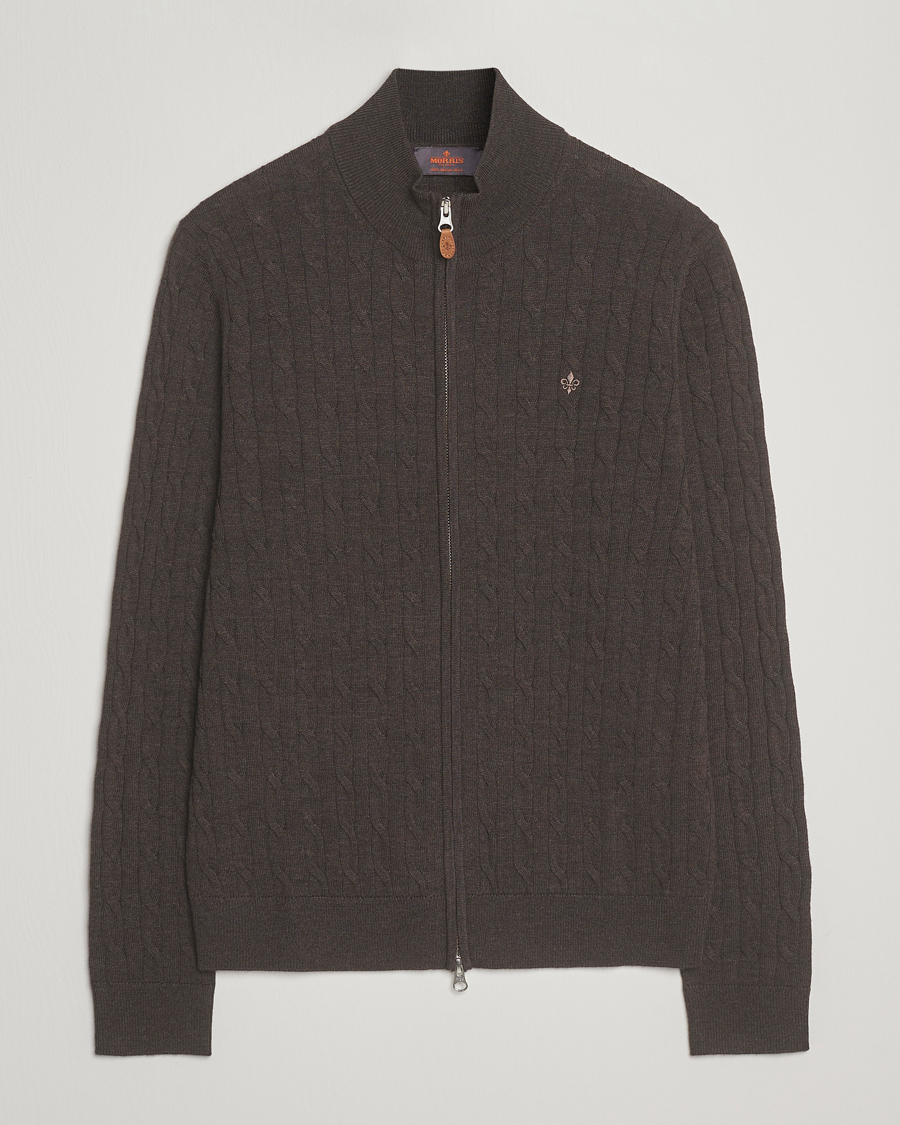 Herre | Trøjer | Morris | Merino Cable Zip Cardigan Brown