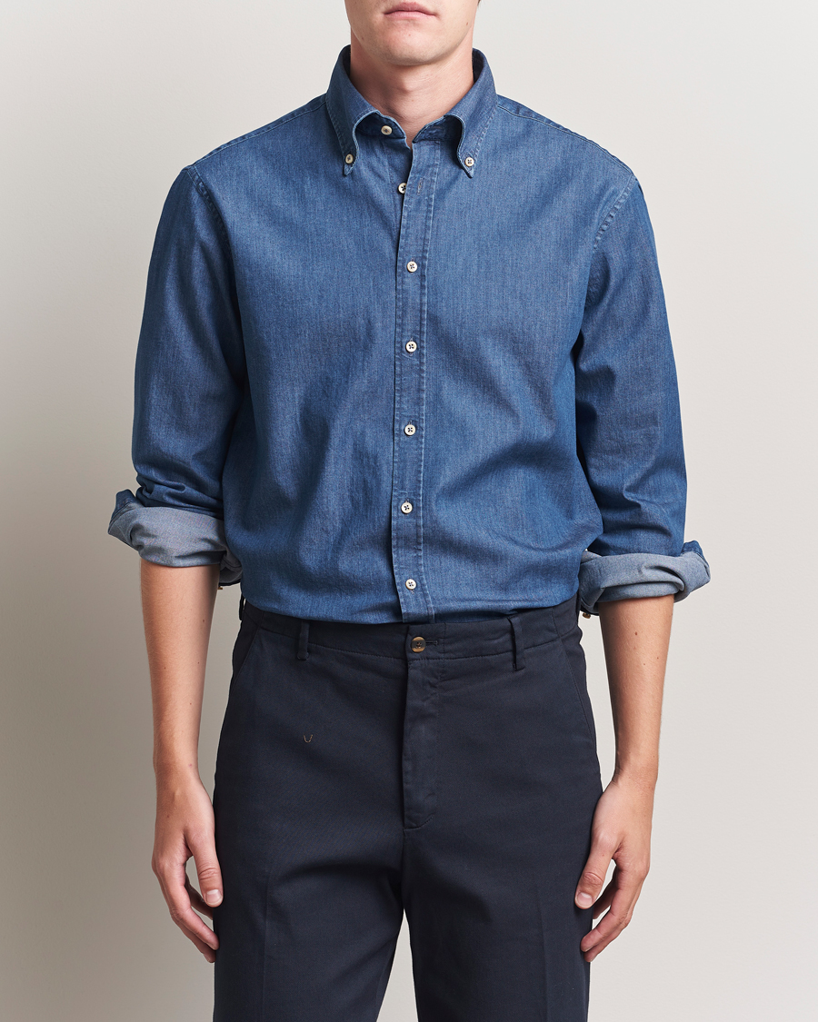 Herre | Skjorter | Stenströms | Regular Fit Button Down Garment Washed Shirt Denim