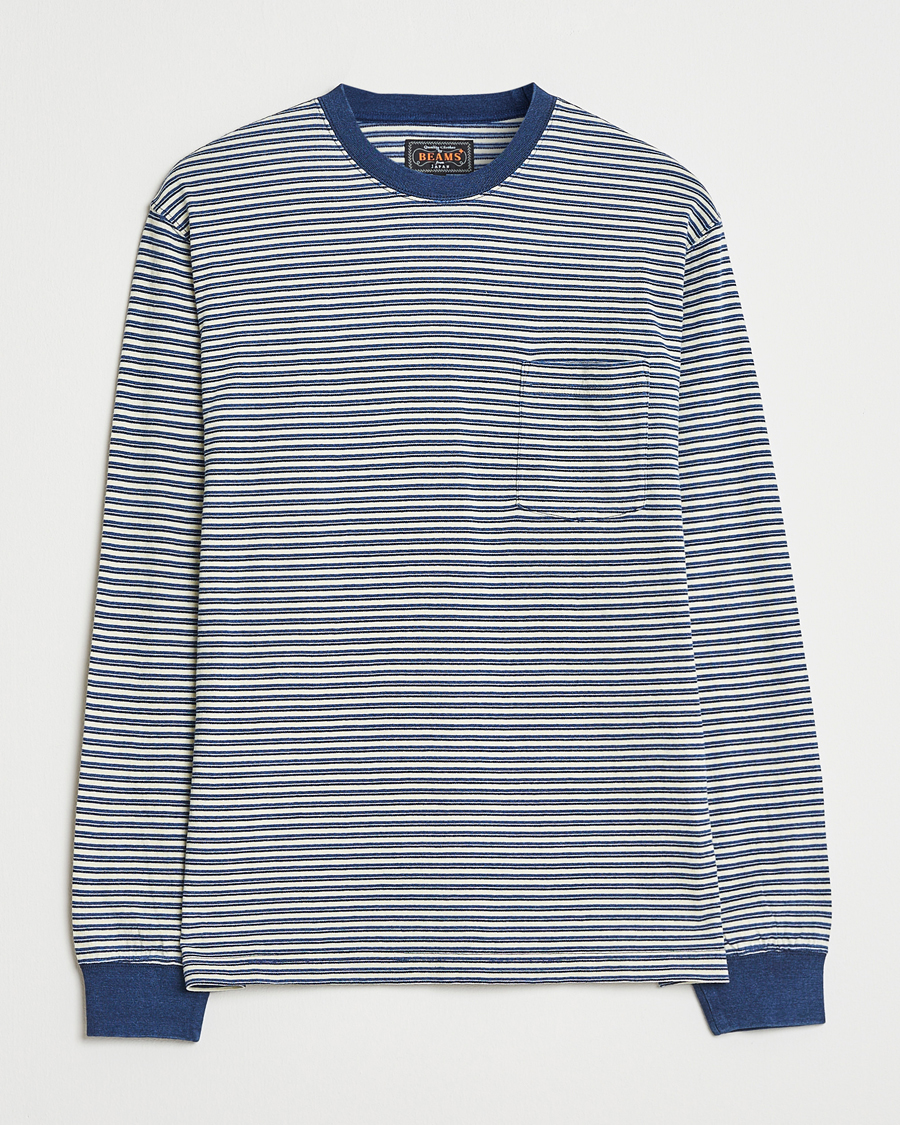 Herre | T-Shirts | BEAMS PLUS | Indigo Stripe Long Sleeve T-Shirt White/Navy