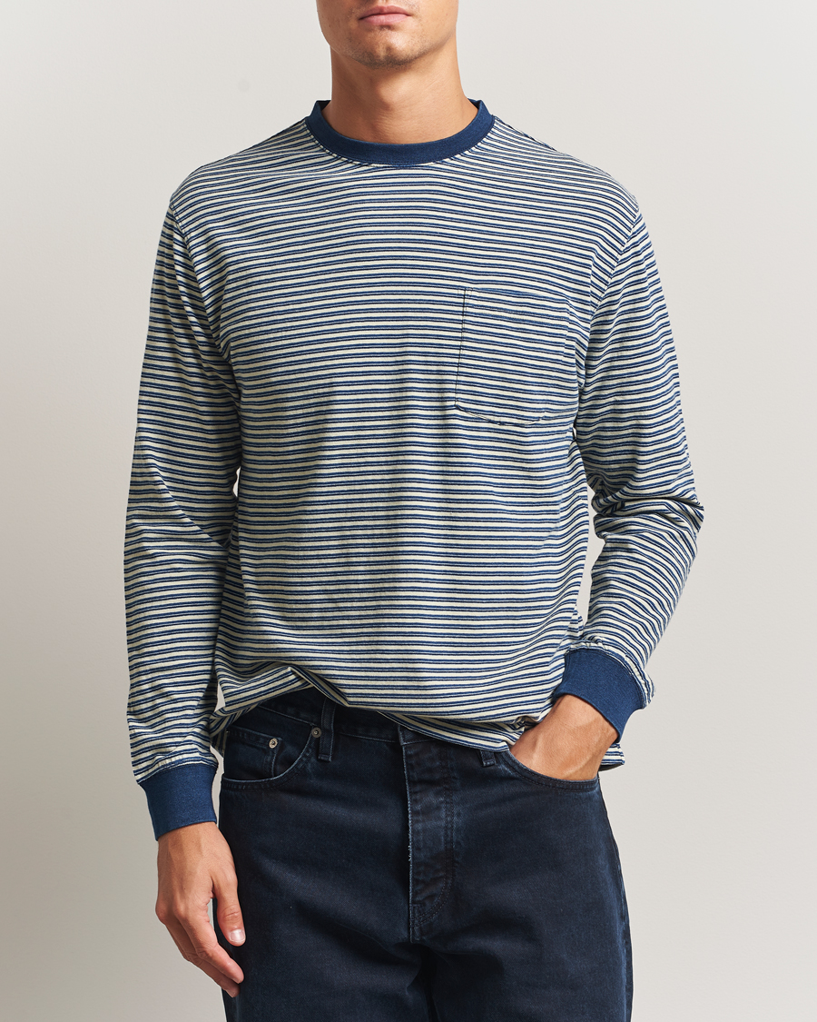Herre | T-Shirts | BEAMS PLUS | Indigo Stripe Long Sleeve T-Shirt White/Navy