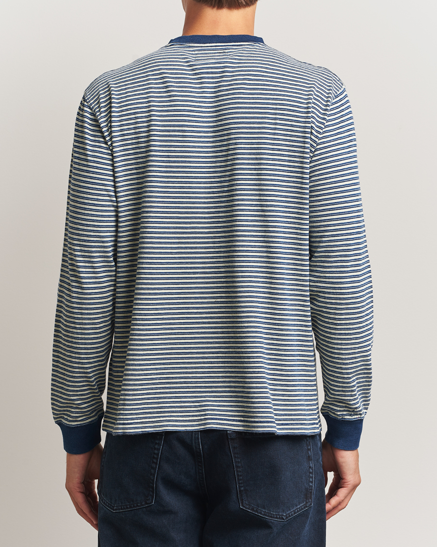 Herre | T-Shirts | BEAMS PLUS | Indigo Stripe Long Sleeve T-Shirt White/Navy