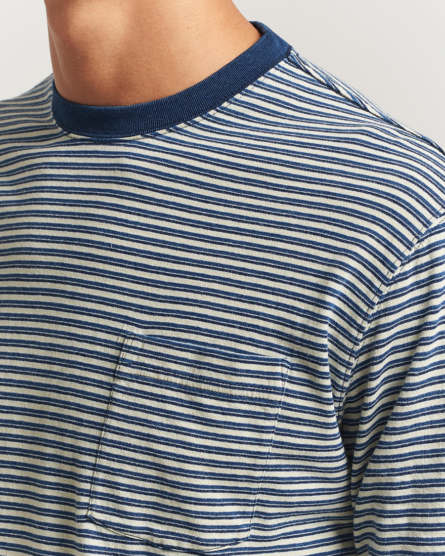 Herre | T-Shirts | BEAMS PLUS | Indigo Stripe Long Sleeve T-Shirt White/Navy