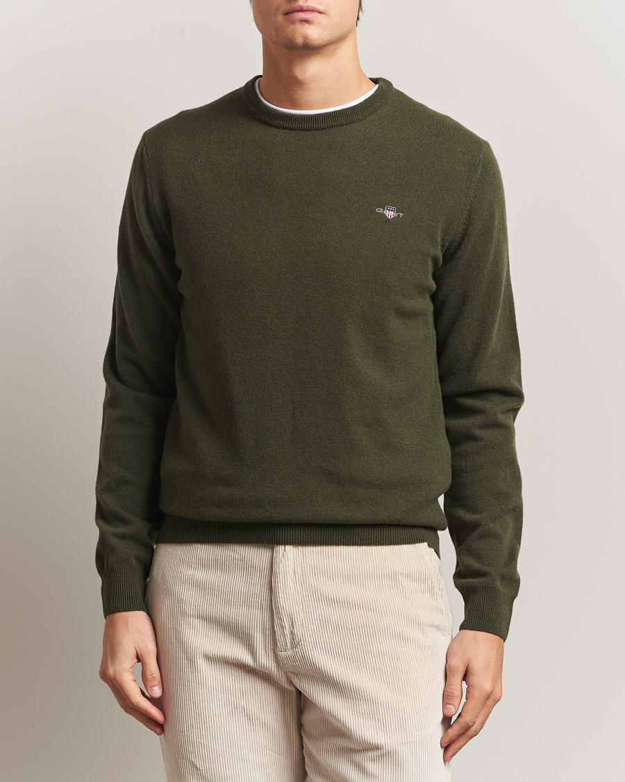 Herre | Trøjer | GANT | Superfine Lambswool Crew Neck Khaki Green Melange