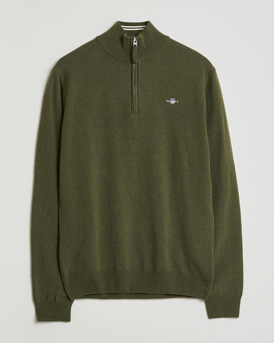 Herre | Trøjer | GANT | Superfine Lambswool Half Zip Khaki Green Melange
