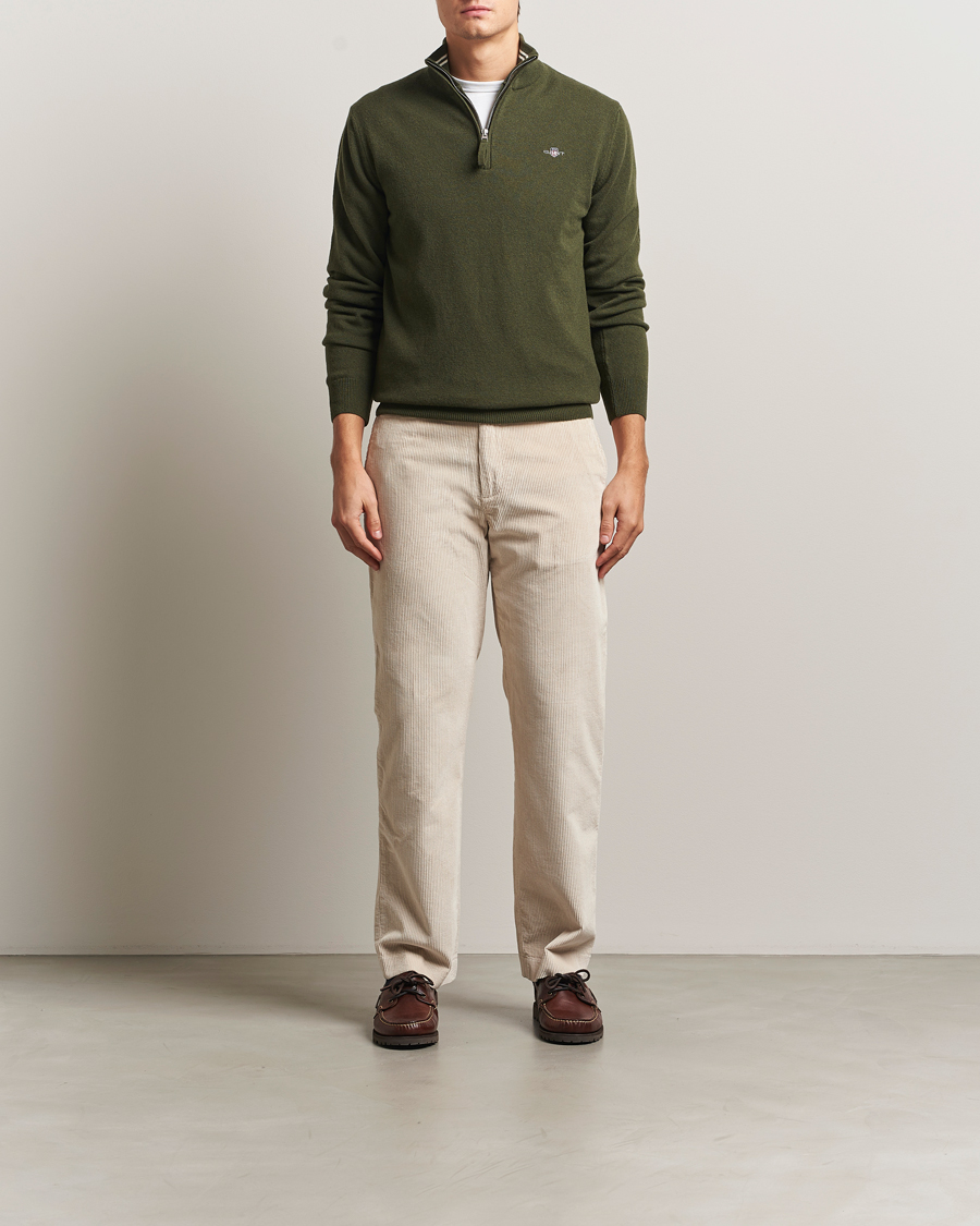 Herre | Trøjer | GANT | Superfine Lambswool Half Zip Khaki Green Melange