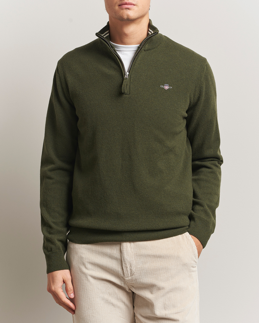 Herre | Trøjer | GANT | Superfine Lambswool Half Zip Khaki Green Melange