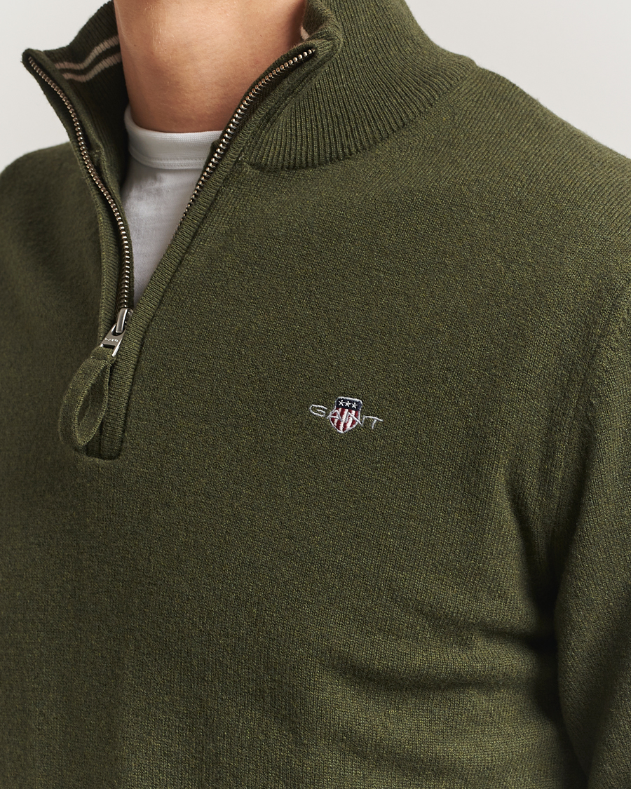 Herre | Trøjer | GANT | Superfine Lambswool Half Zip Khaki Green Melange
