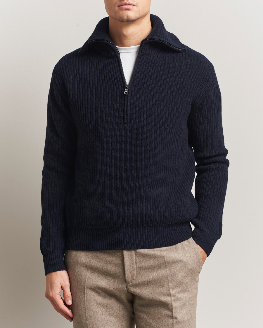Herre | Trøjer | Oscar Jacobson | Mauritz Chunky Wool Half-Zip Navy