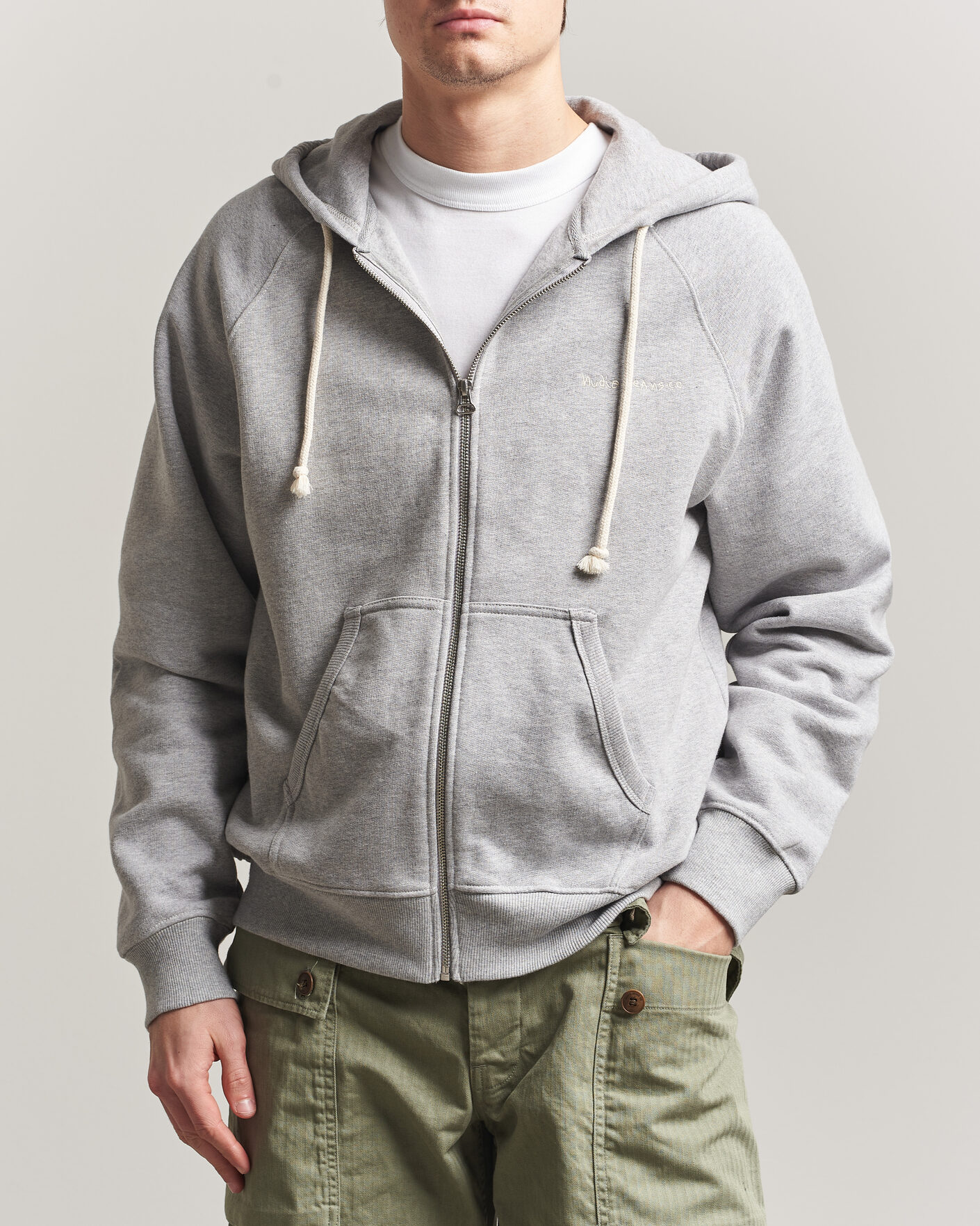 Herre | Trøjer | Nudie Jeans | Gunde Logo Full Zip Hoodie Grey Melange