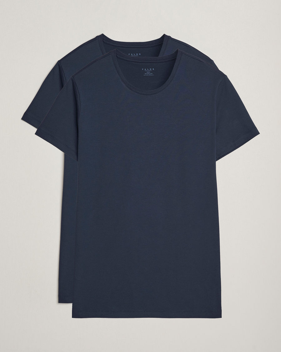 Herre | T-Shirts | Falke | 2-Pack Cotton Crew Neck T-Shirt Midnight