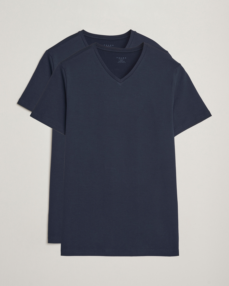 Herre | T-Shirts | Falke | 2-Pack Cotton V-Neck T-Shirt Midnight