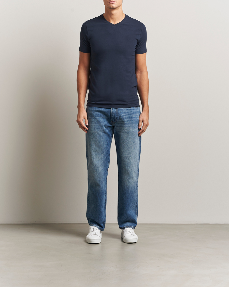 Herre | T-Shirts | Falke | 2-Pack Cotton V-Neck T-Shirt Midnight