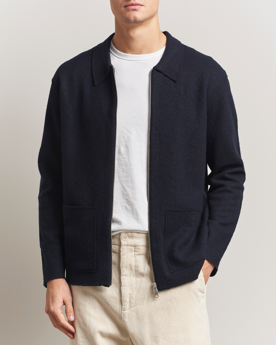 Herre | Trøjer | NN07 | Jonas Boiled Wool Full Zip Navy Blue
