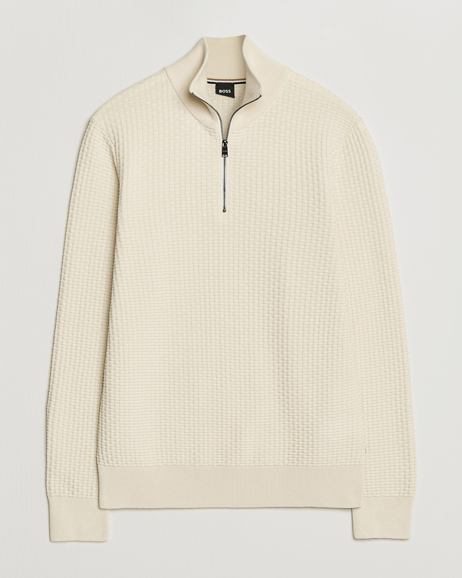 Herre | Trøjer | BOSS BLACK | Ulicio Structured Knitted Half Zip Open White