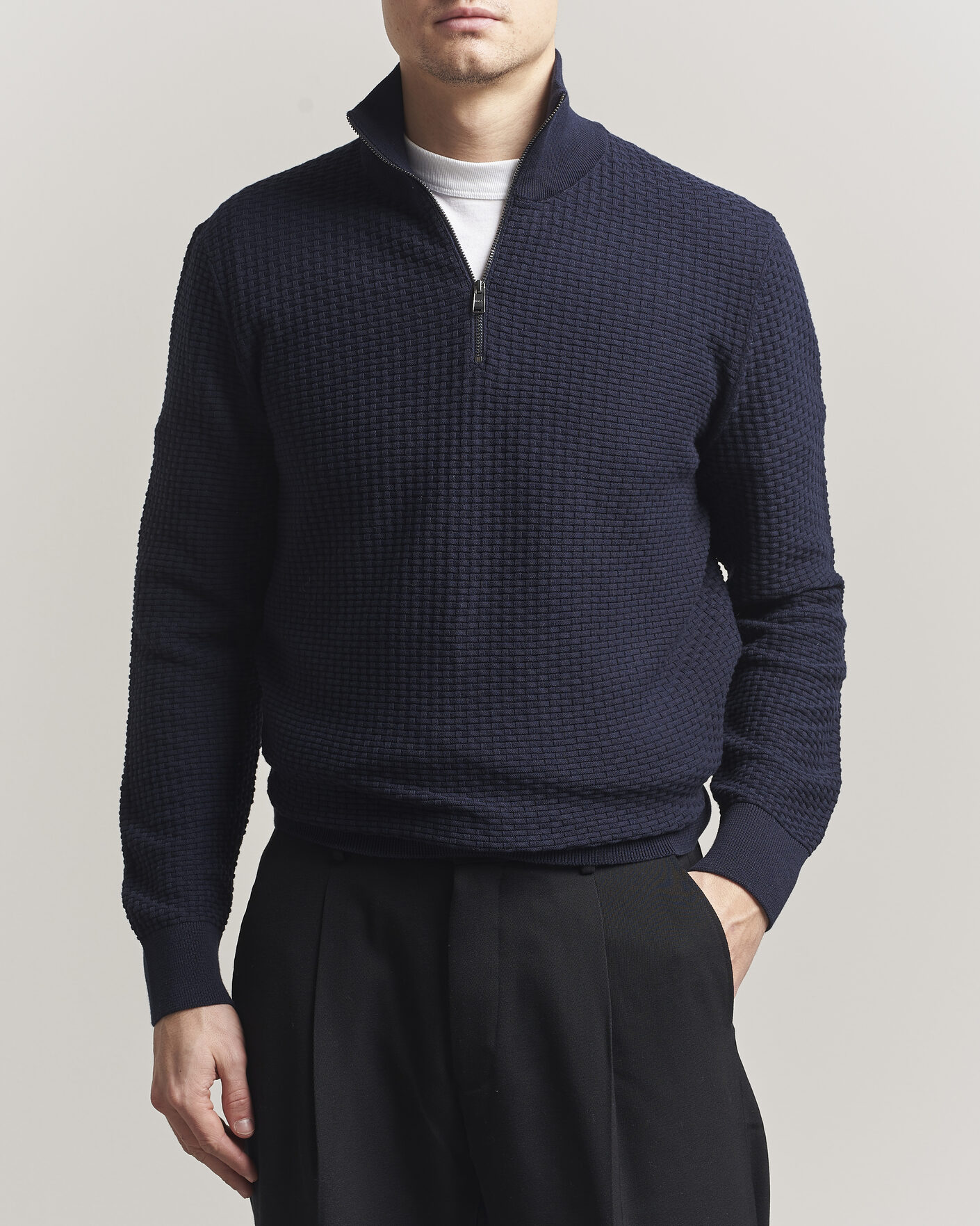 Herre | Trøjer | BOSS BLACK | Ulicio Structured Knitted Half Zip Dark Blue