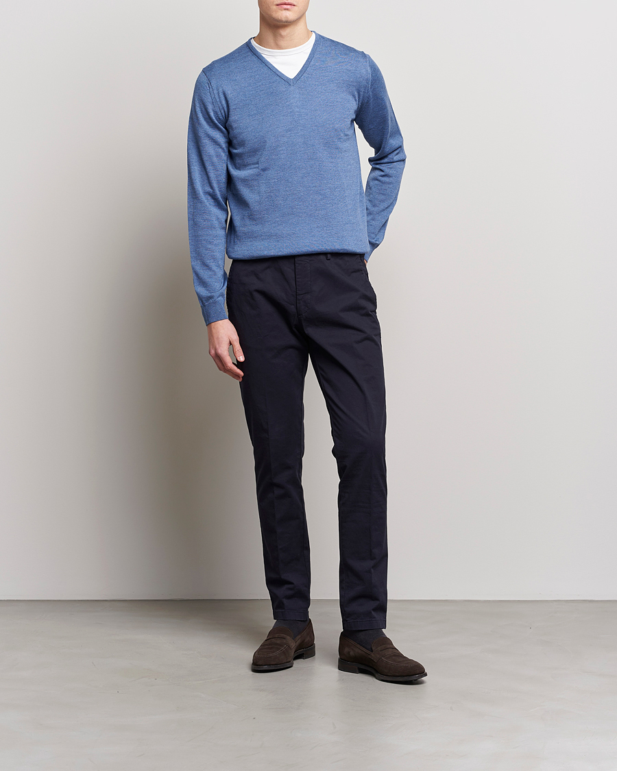 Herre | Trøjer | Stenströms | Merino Patch V-Neck Light Blue/Blue