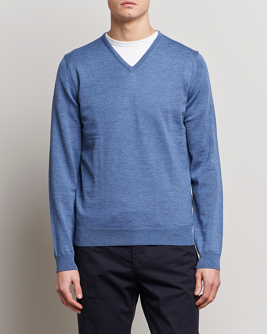 Herre | Trøjer | Stenströms | Merino Patch V-Neck Light Blue/Blue