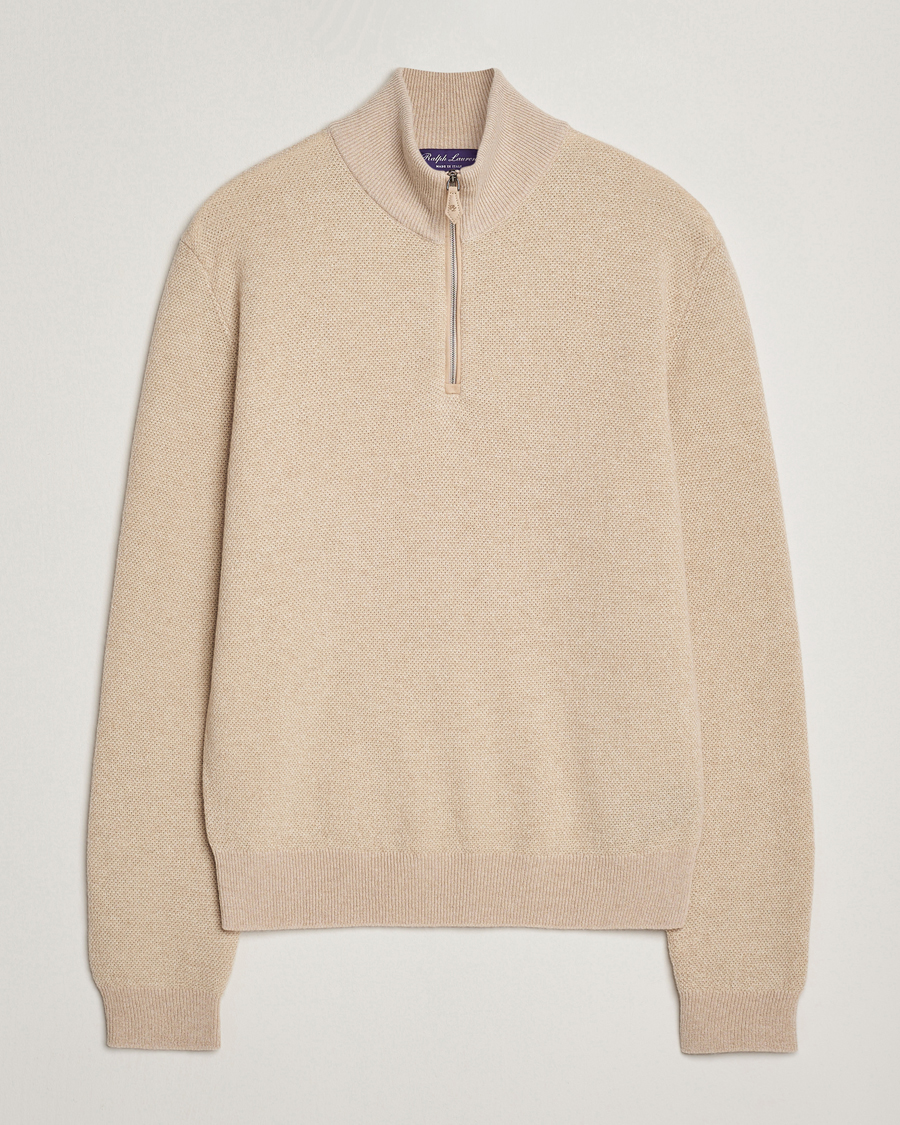 Herre | Trøjer | Ralph Lauren Purple Label | Cashmere Birdseye Half Zip Beige