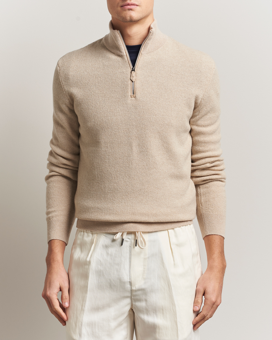 Herre | Trøjer | Ralph Lauren Purple Label | Cashmere Birdseye Half Zip Beige