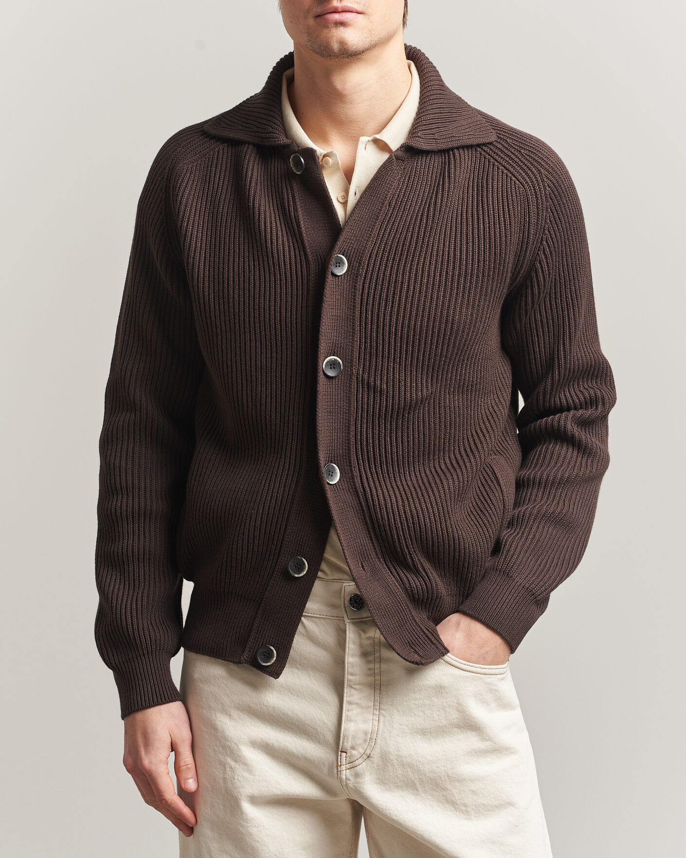 Herre | Trøjer | Altea | Cotton Rib Cardigan Jacket Dark Brown