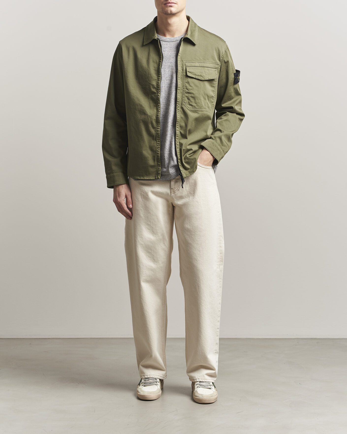 Herre | Skjorter | Stone Island | Cotton Stretch Zip Overshirt Military Green