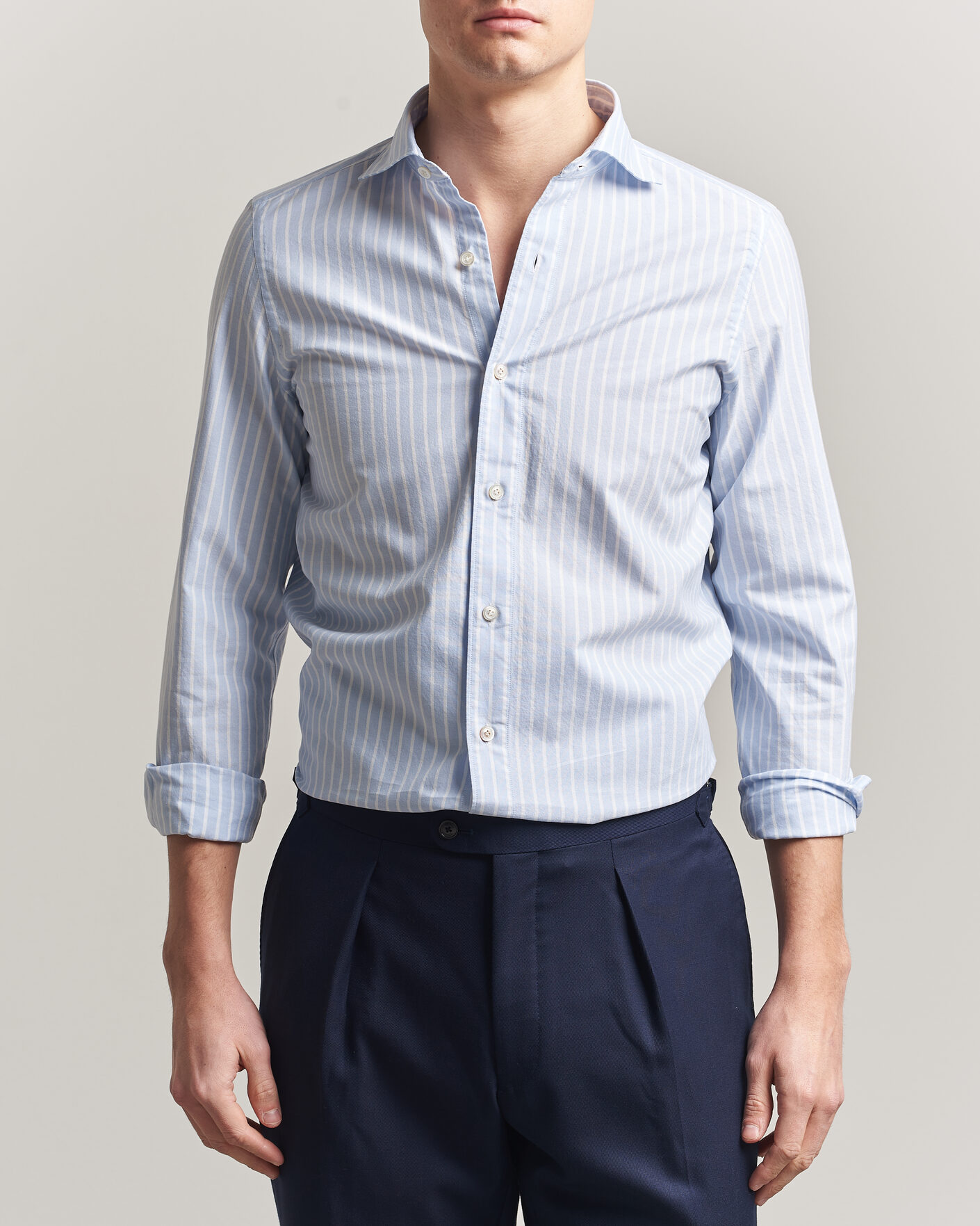 Herre | Skjorter | Finamore Napoli | Gaeta Pinpoint Oxford Shirt Light Blue Stripe