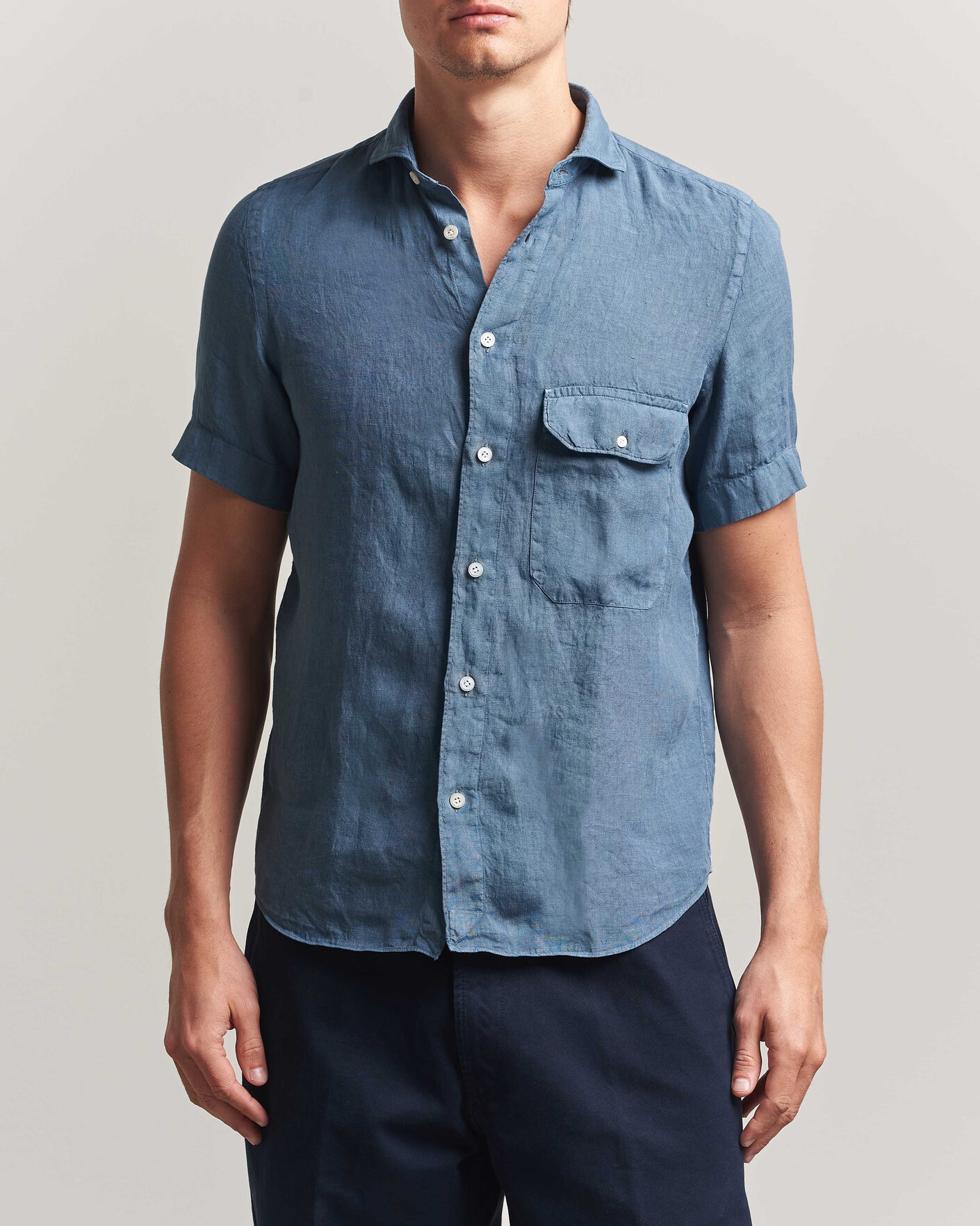 Herre | Skjorter | Finamore Napoli | Linen Short Sleeve Sport Shirt Dark Blue