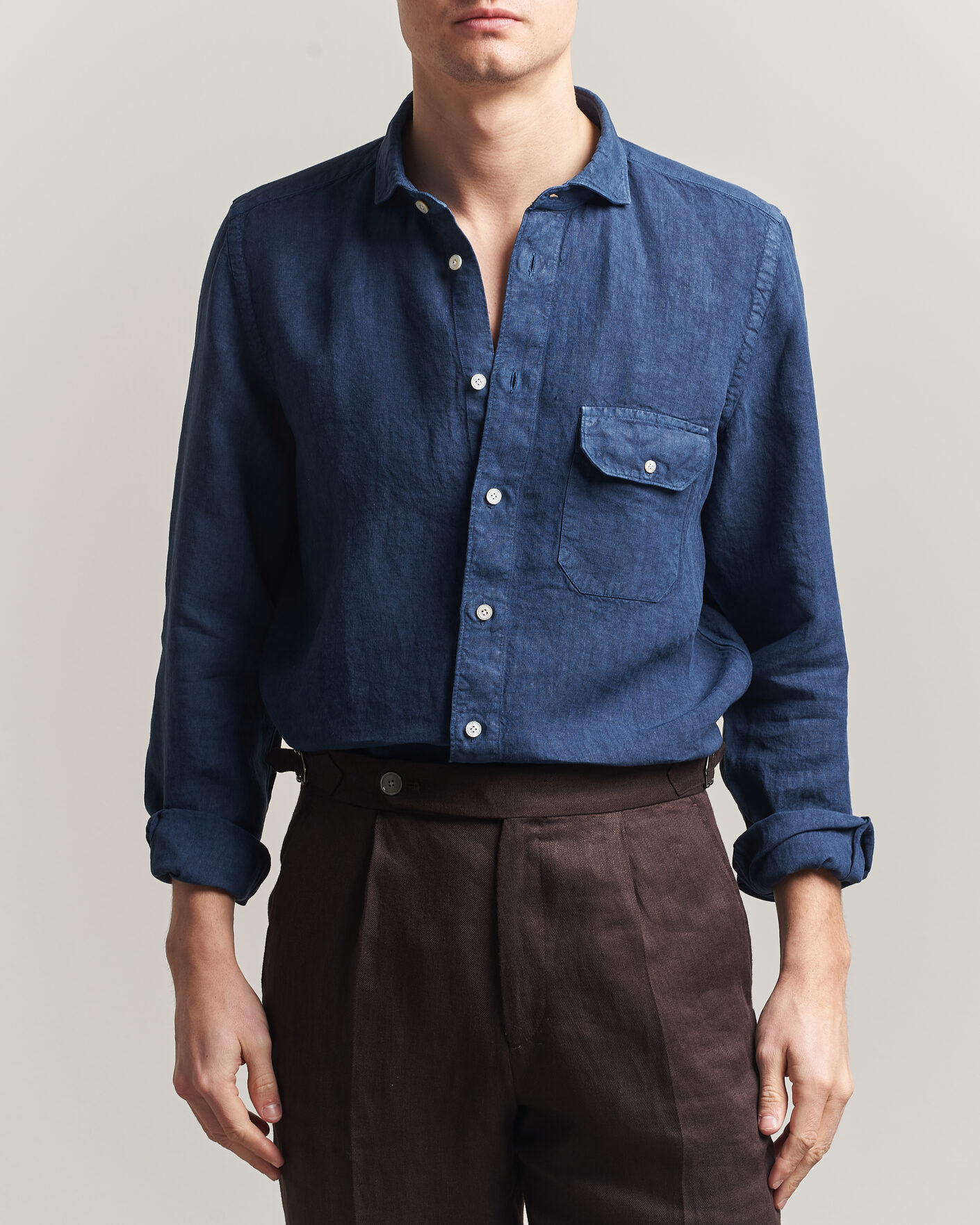 Herre | Skjorter | Finamore Napoli | Salina Garment Dyed Linen Overshirt Navy