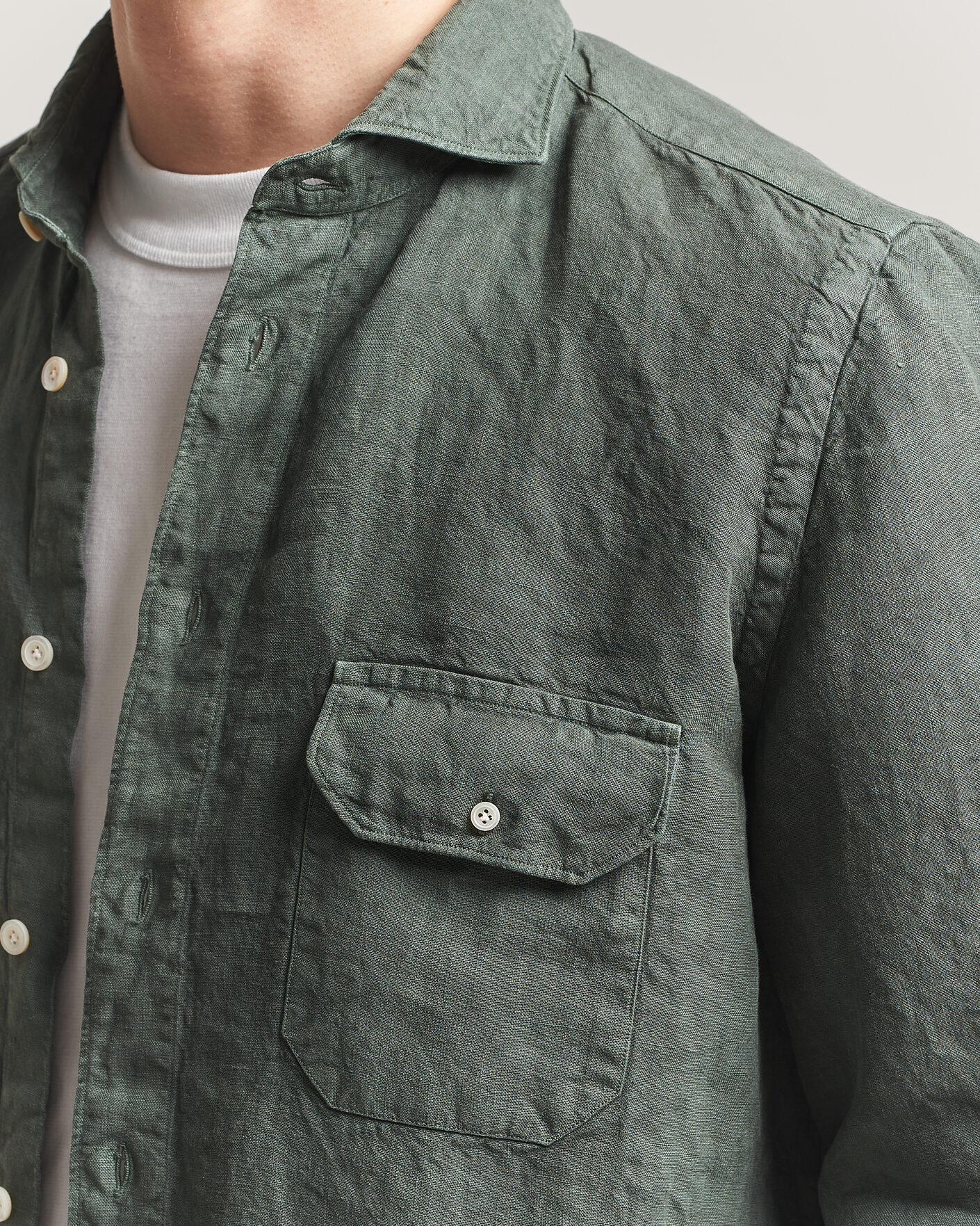 Herre | Skjorter | Finamore Napoli | Salina Garment Dyed Linen Overshirt Dark Green