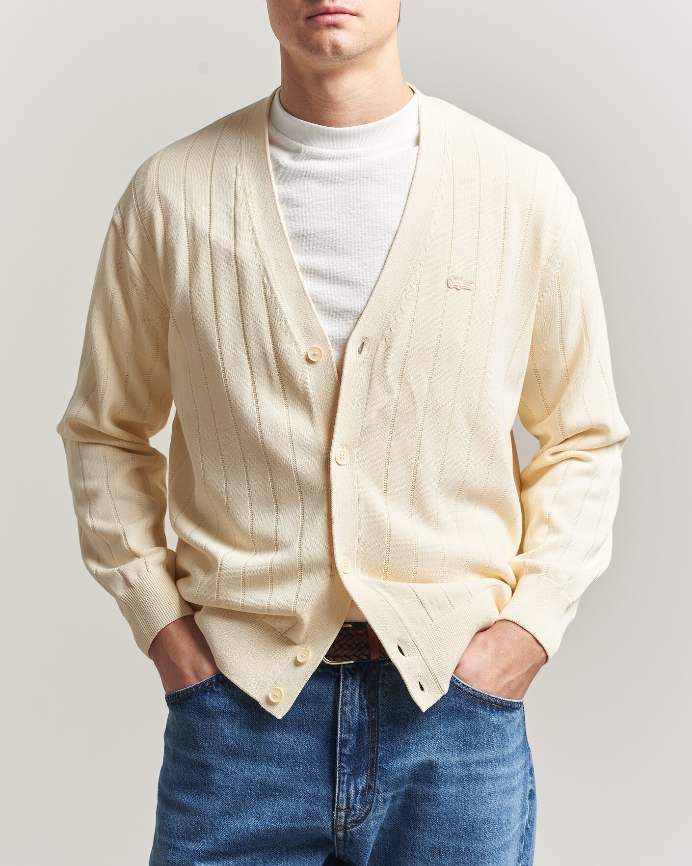 Herre | Trøjer | Lacoste | Cotton Structured Knitted Cardigan Naturel Clair
