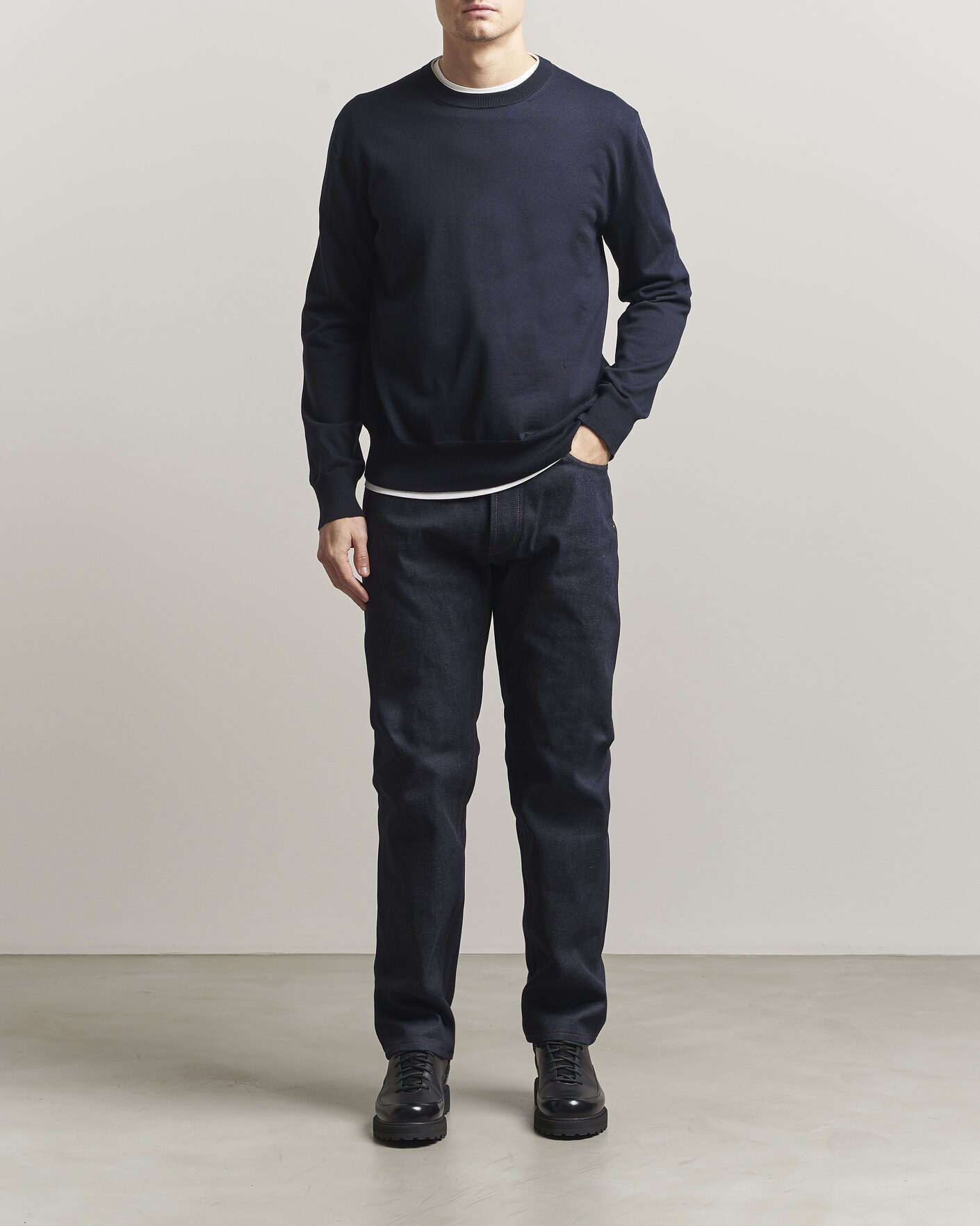 Herre | Trøjer | Jil Sander | Fine Cotton Contrast Pullover Navy