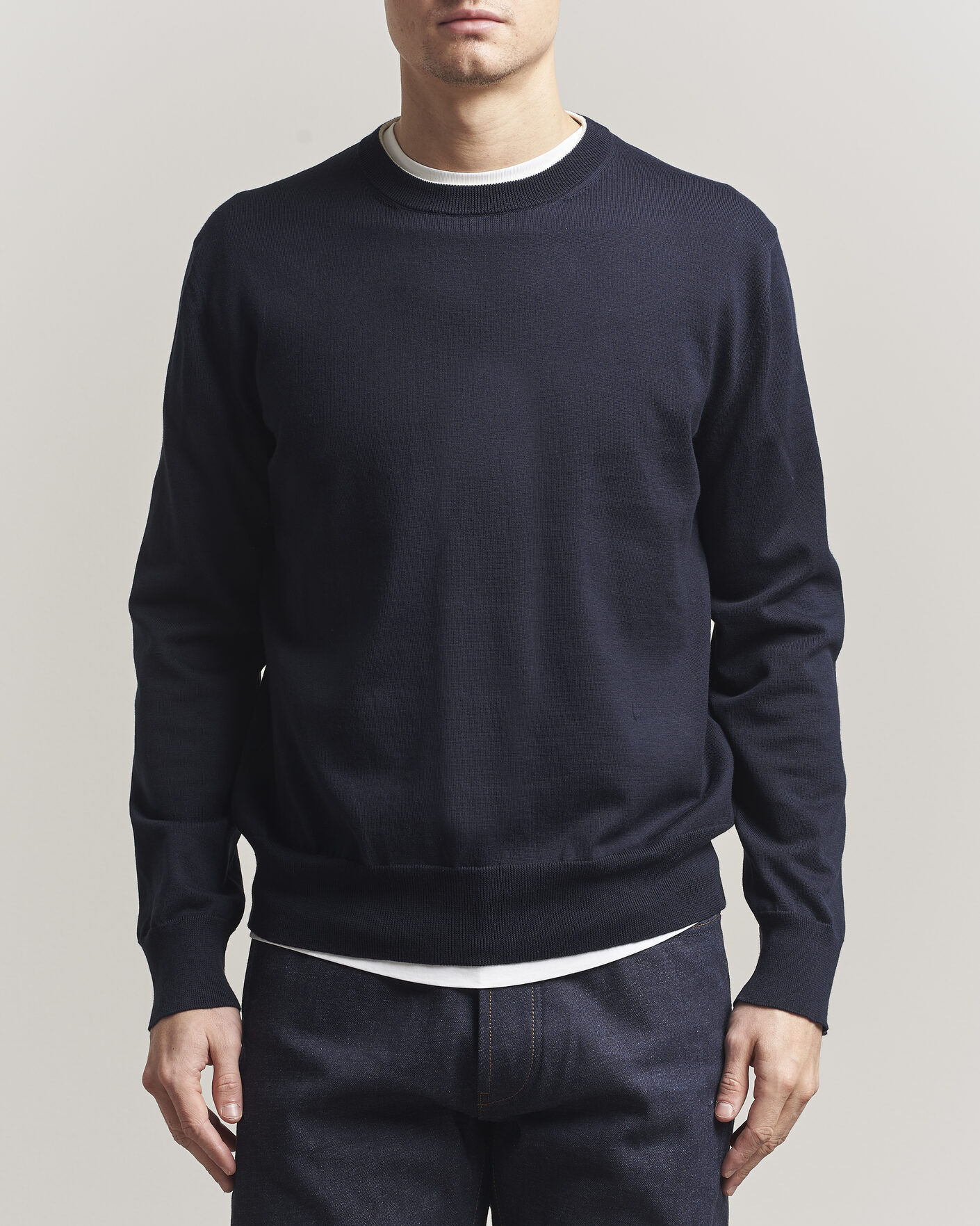 Herre | Trøjer | Jil Sander | Fine Cotton Contrast Pullover Navy