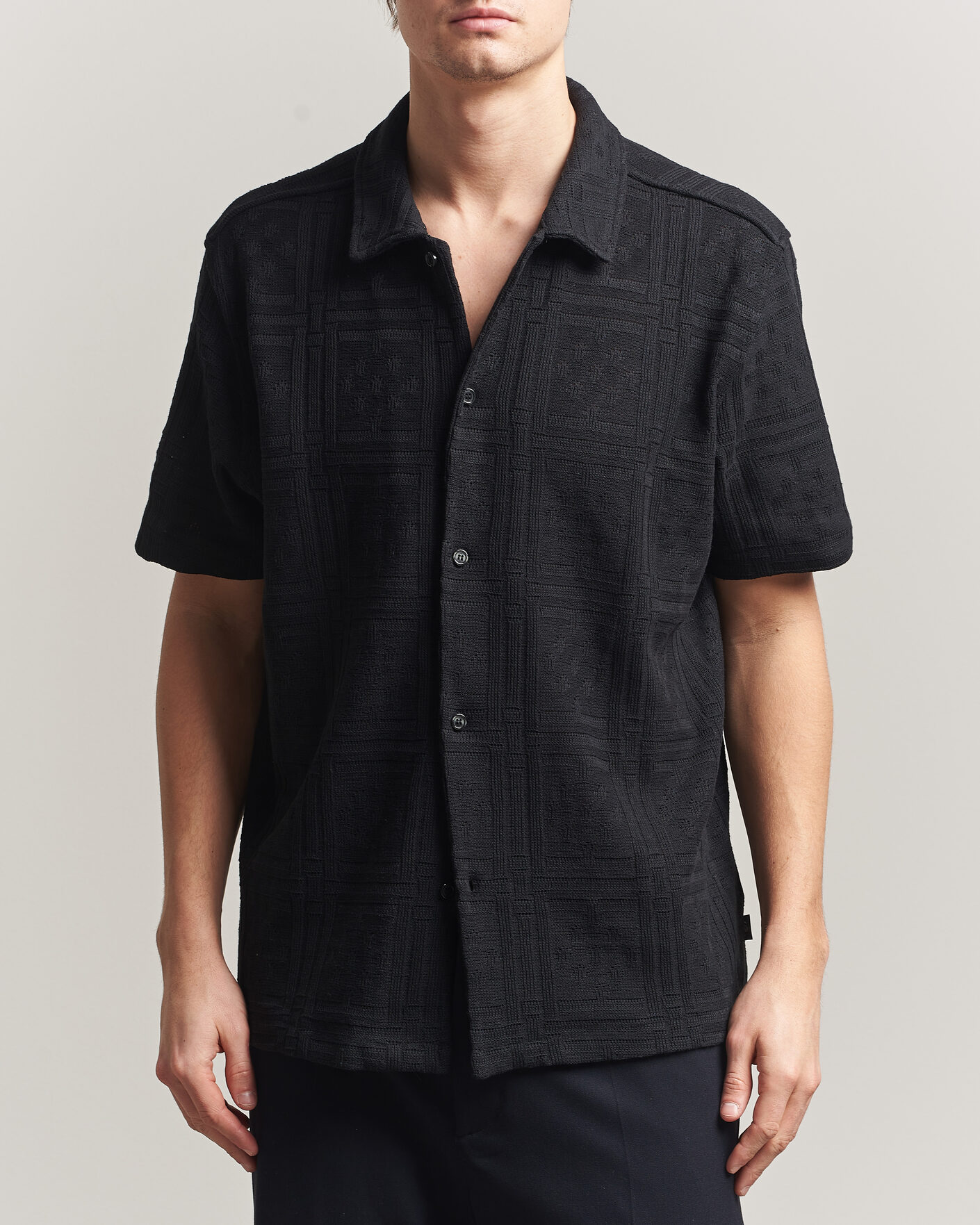 Herre | Skjorter | LES DEUX | Hector Pointelle Short Sleeve Shirt Black
