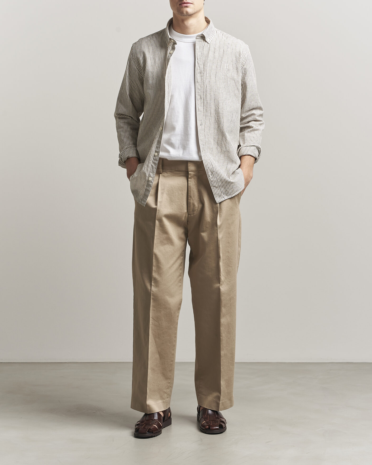 Herre | Skjorter | LES DEUX | Konrad Striped Cotton/Linen Shirt Teak Brown