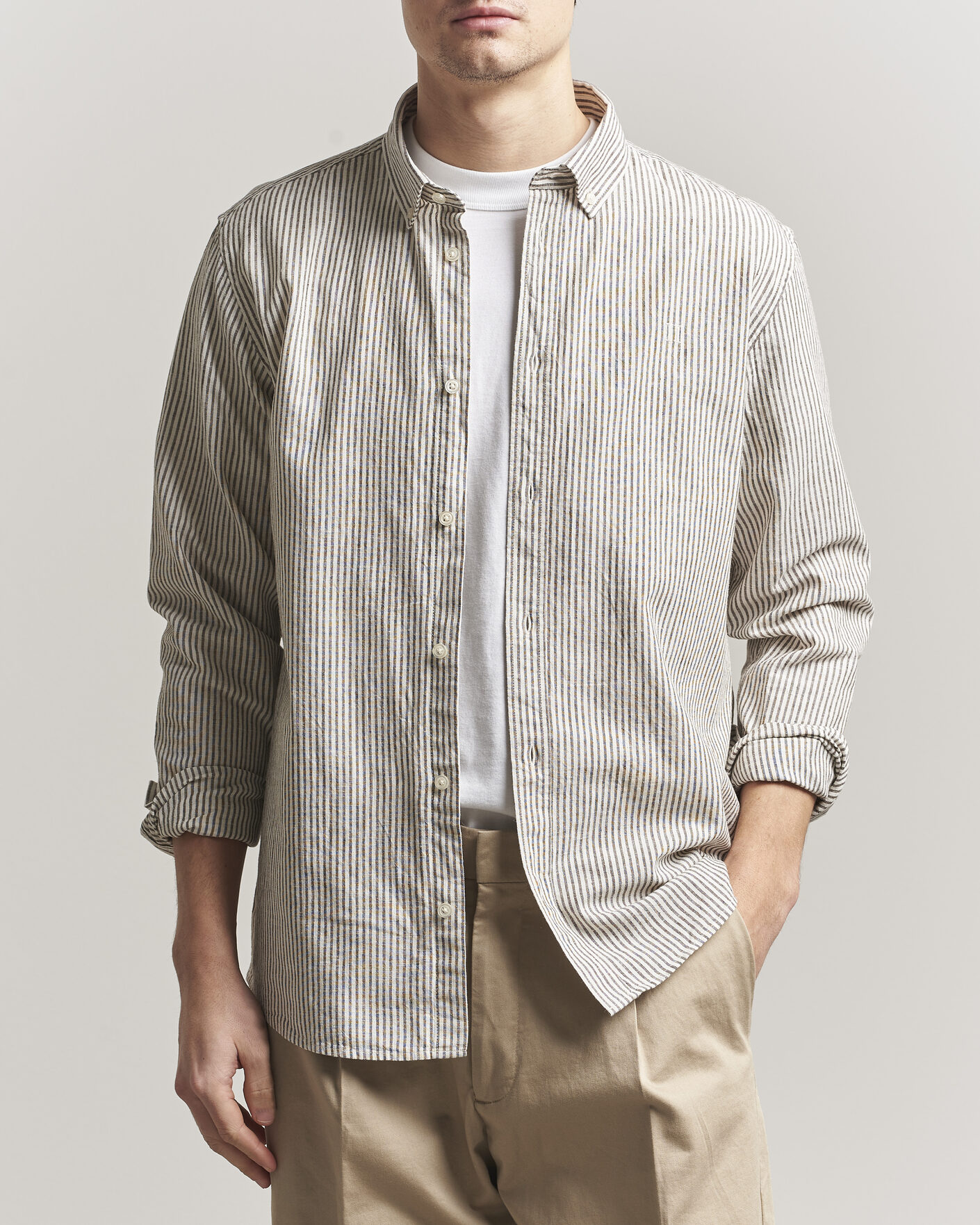 Herre | Skjorter | LES DEUX | Konrad Striped Cotton/Linen Shirt Teak Brown