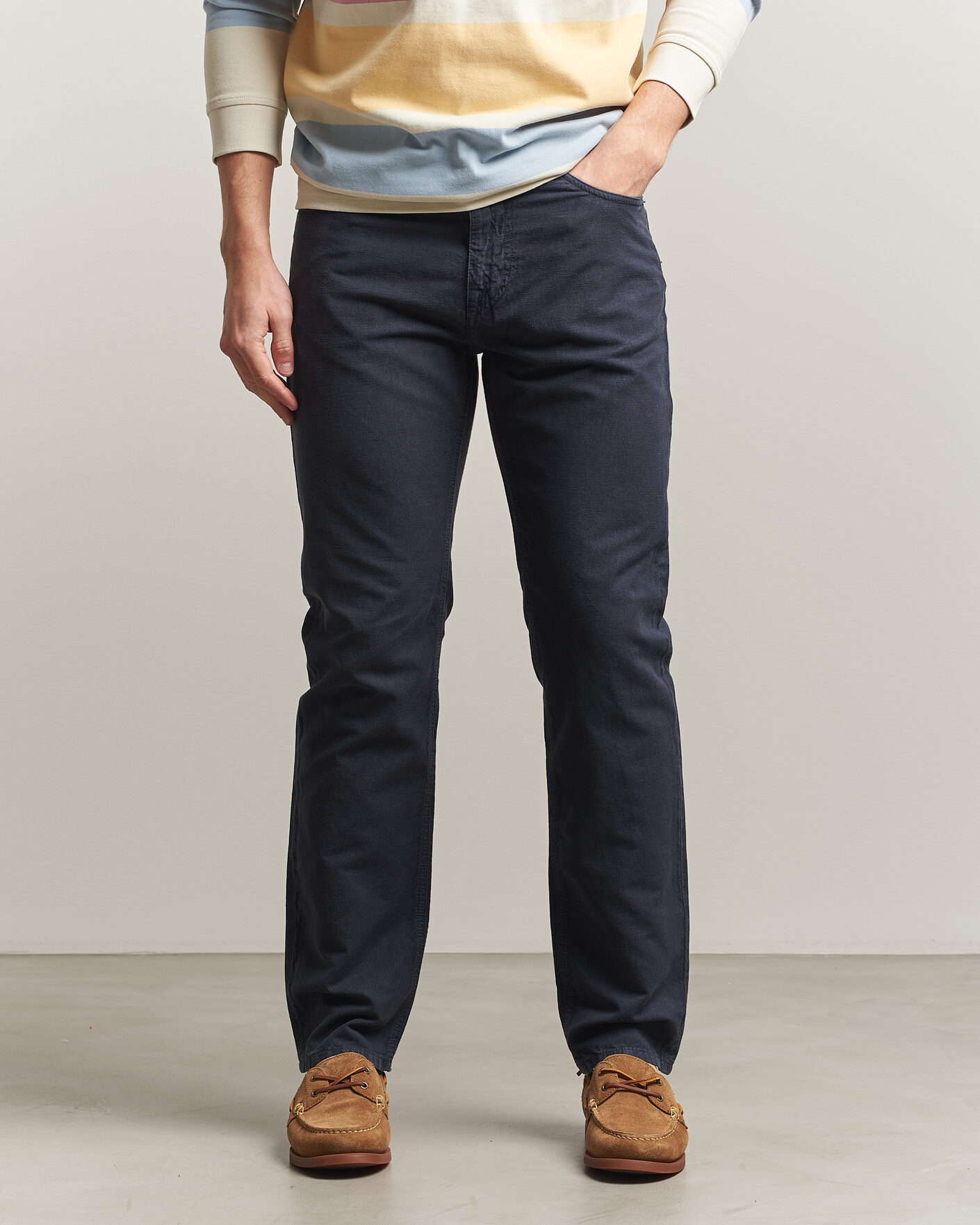 Herre | Bukser | Morris | James Washed Linen 5-Pocket Pants Dark Blue