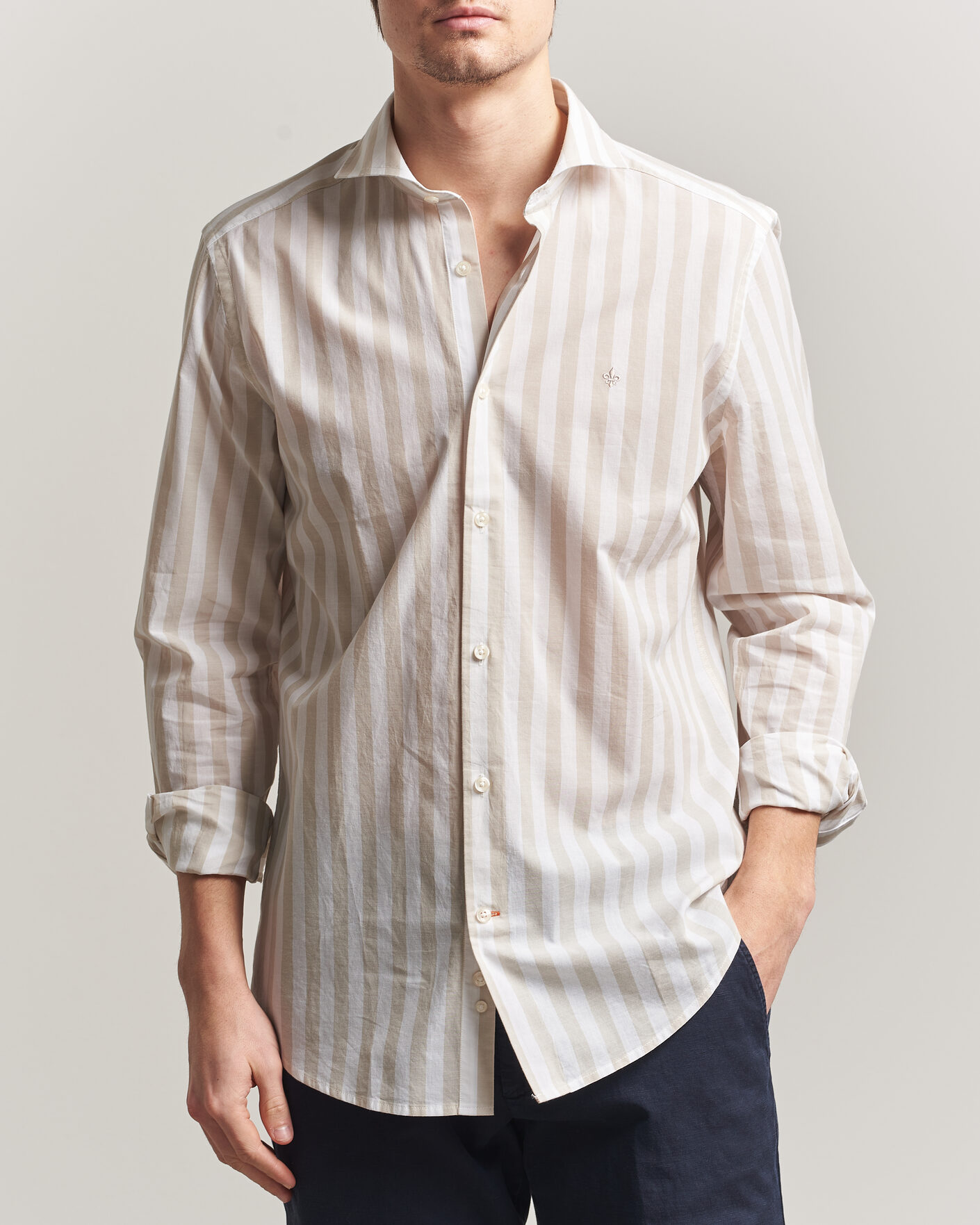 Herre | Skjorter | Morris | Summer Striped Lighweight Shirt Khaki/White