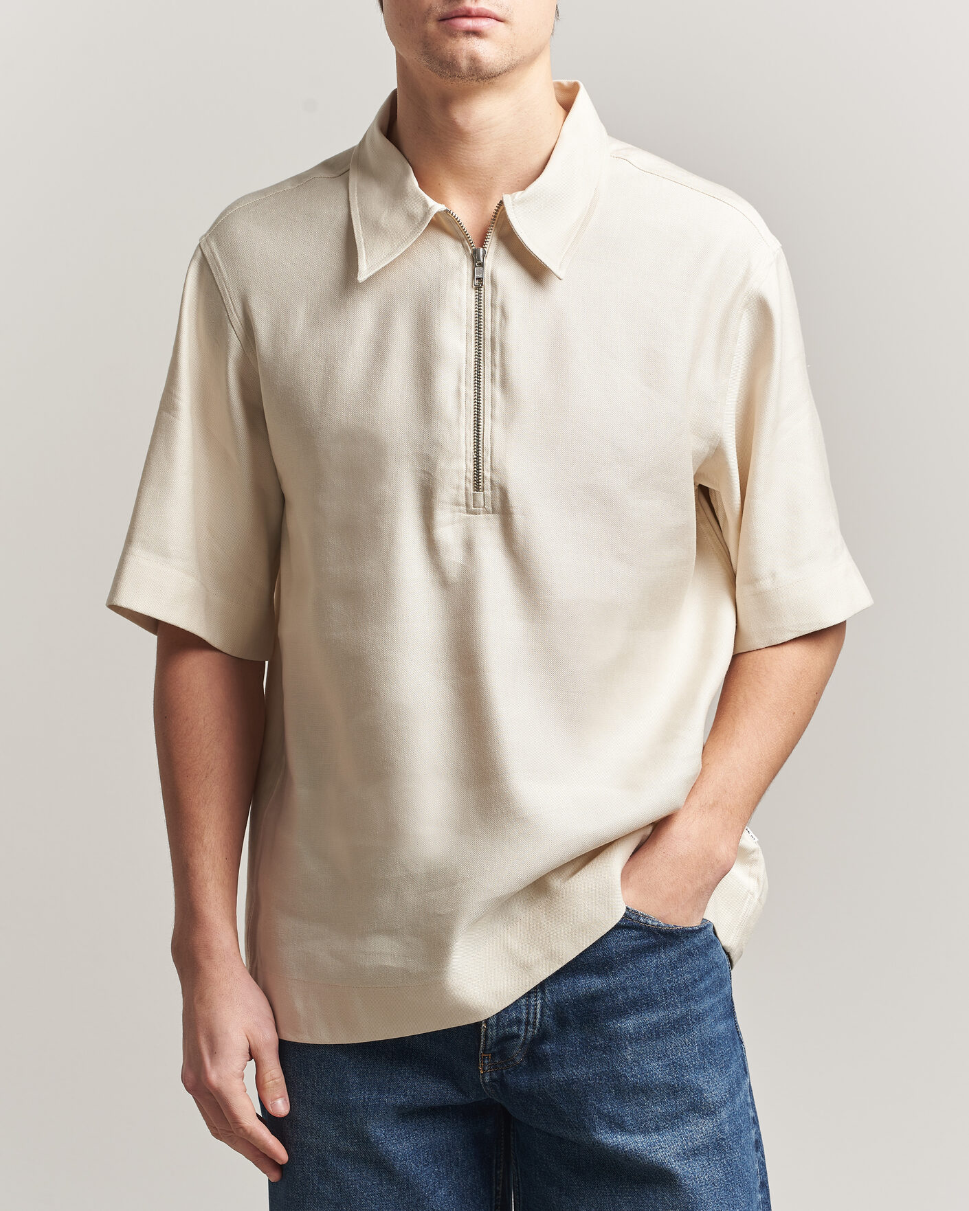 Herre | Polotrøjer | NN07 | Bruno Linen/Viscose Half Zip Polo Ivory