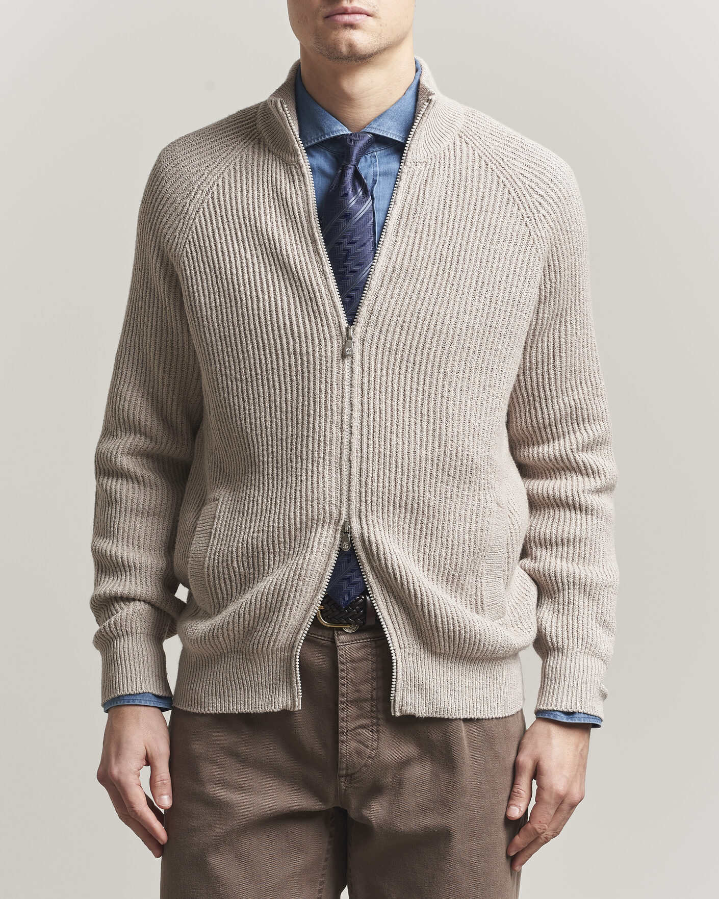 Herre | Trøjer | Brunello Cucinelli | Heavy Cotton Rib Zip Cardigan Beige