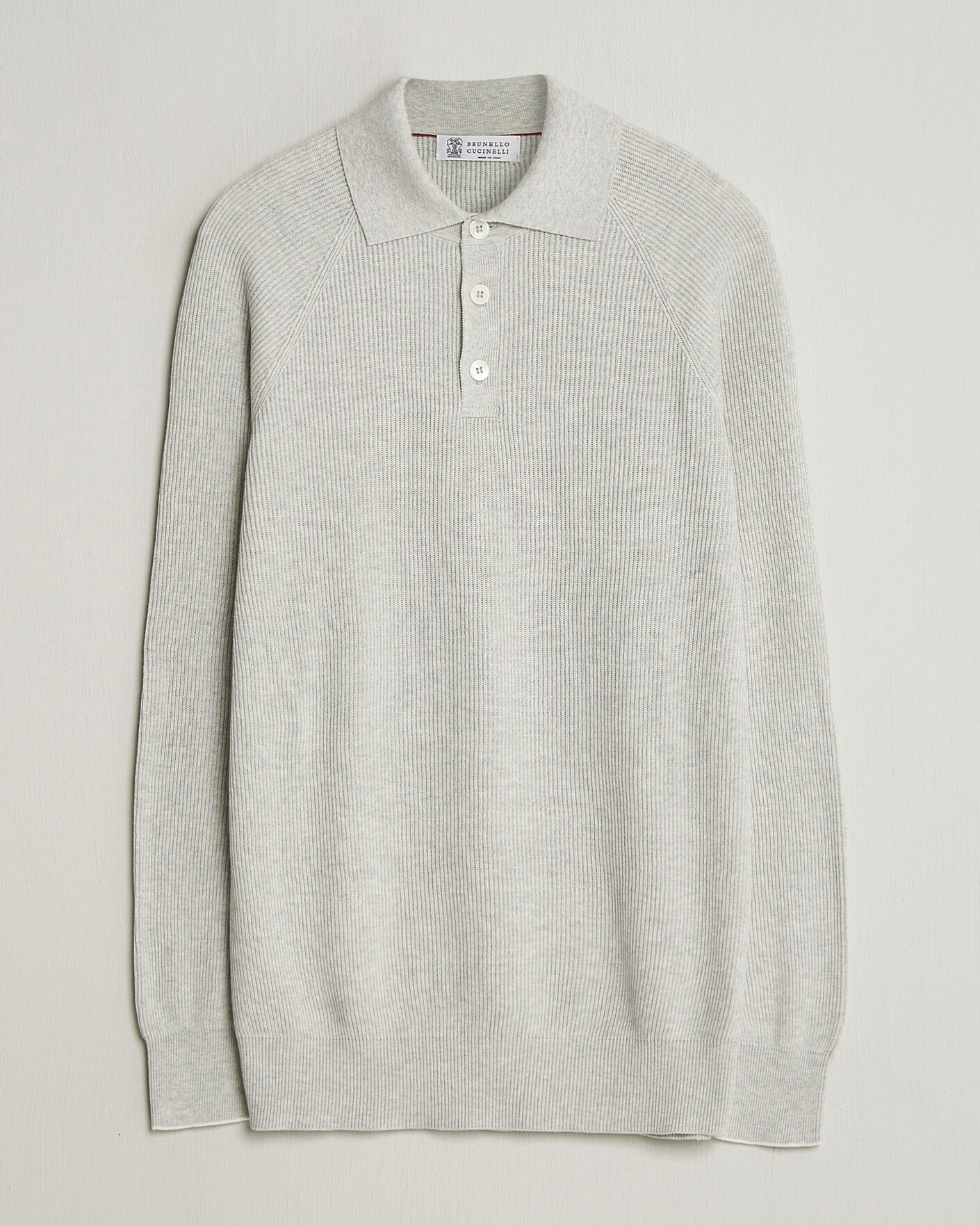 Herre | Trøjer | Brunello Cucinelli | Cotton Rib Knitted Long Sleeve Polo Light Grey