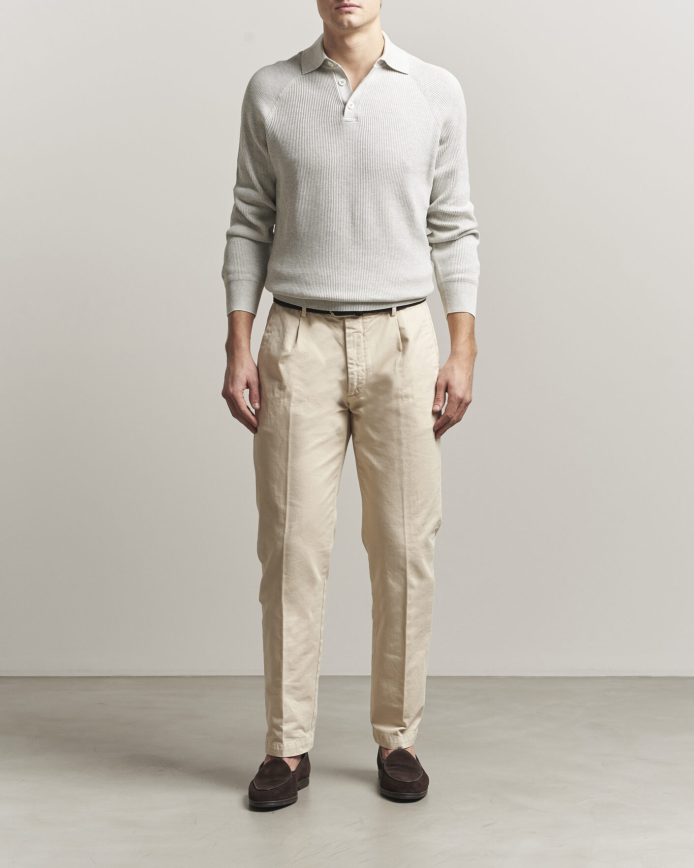 Herre | Trøjer | Brunello Cucinelli | Cotton Rib Knitted Long Sleeve Polo Light Grey